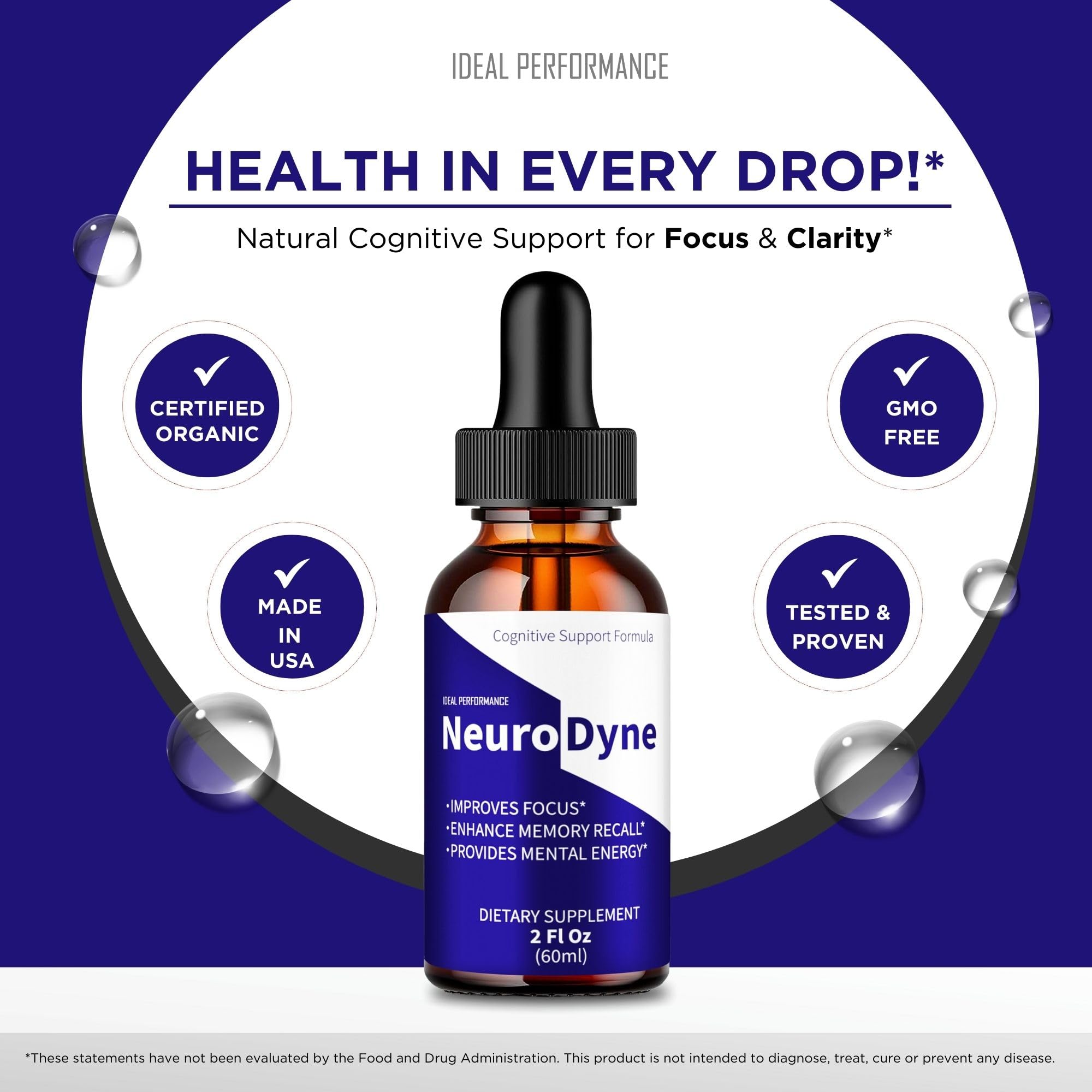 IDEAL PERFORMANCE Neurodyne Drops dosage application on glass for easy daily use.