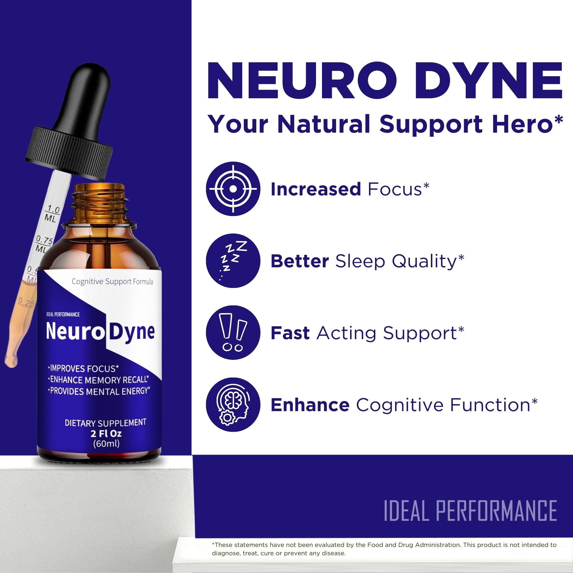 IDEAL PERFORMANCE Neurodyne Drops ingredients panel for clean cognitive support.