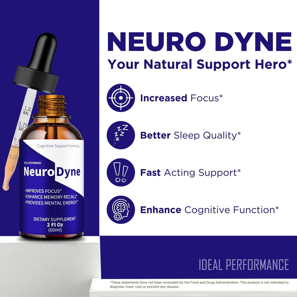 IDEAL PERFORMANCE Neurodyne Drops ingredients panel for clean cognitive support.