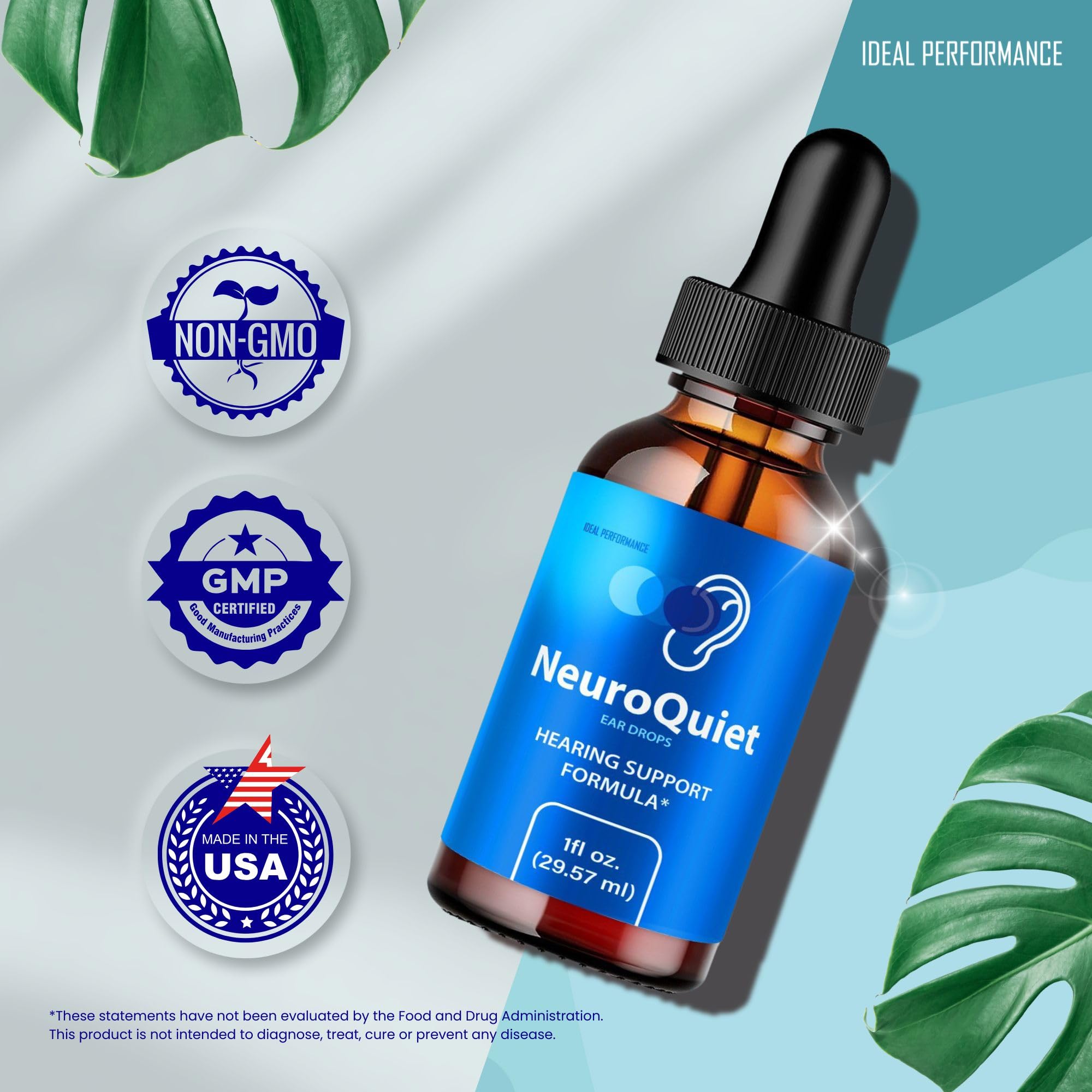 IDEAL PERFORMANCE NeuroQuiet auditory clarity bottle label highlights all natural formula.