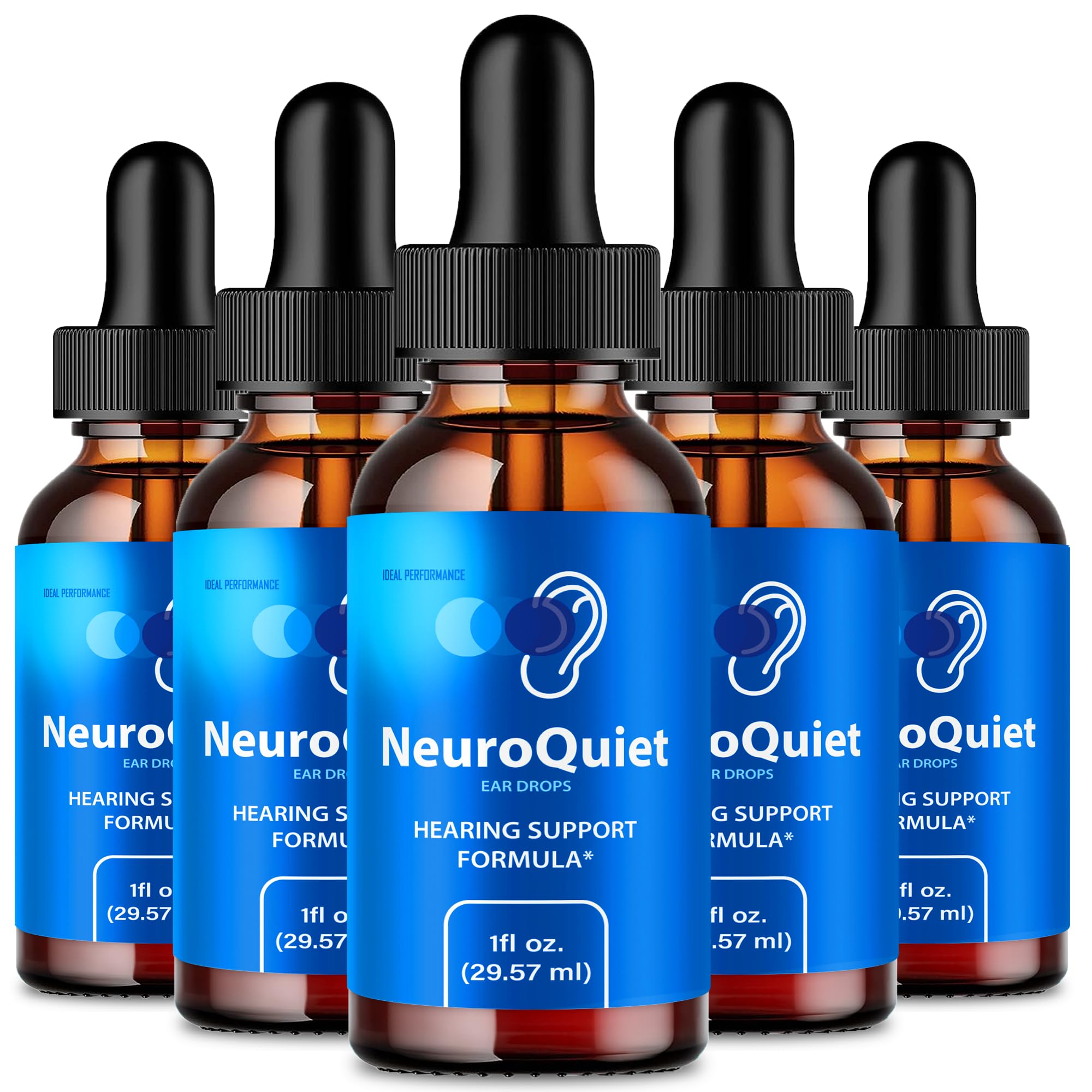 IDEAL PERFORMANCE NeuroQuiet ear drops bottle close-up for natural auditory support.
