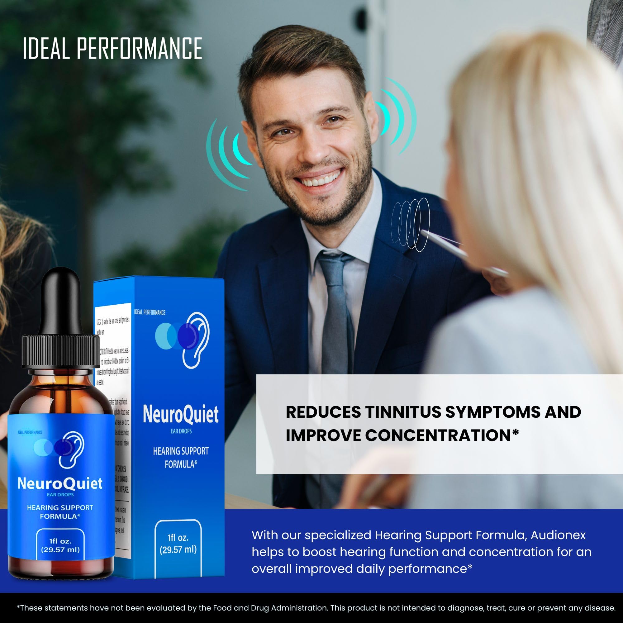 IDEAL PERFORMANCE NeuroQuiet user applying drops for everyday ear care at home.