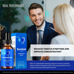 IDEAL PERFORMANCE NeuroQuiet user applying drops for everyday ear care at home.