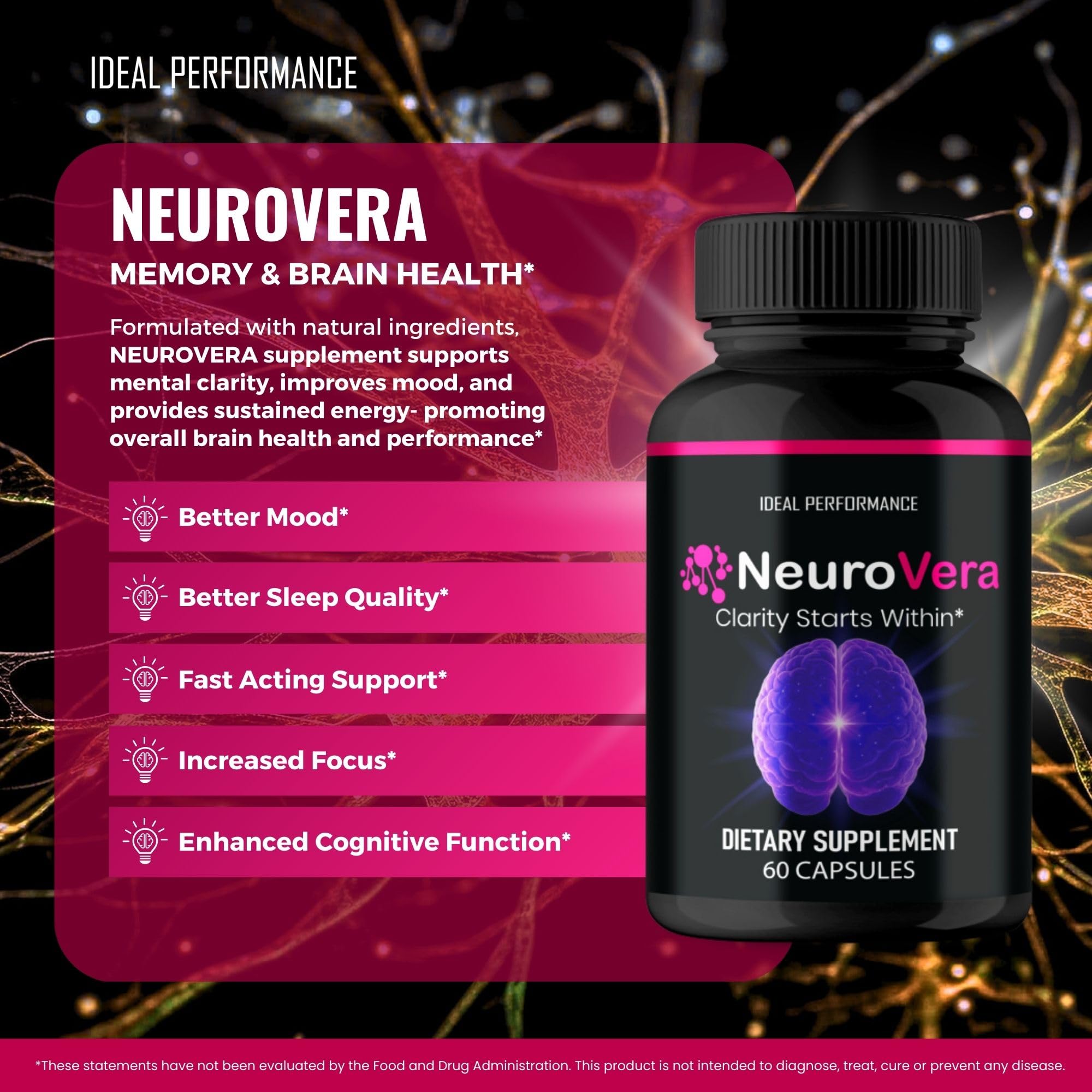 IDEAL PERFORMANCE Neurovera label closeup with ingredient highlights.
