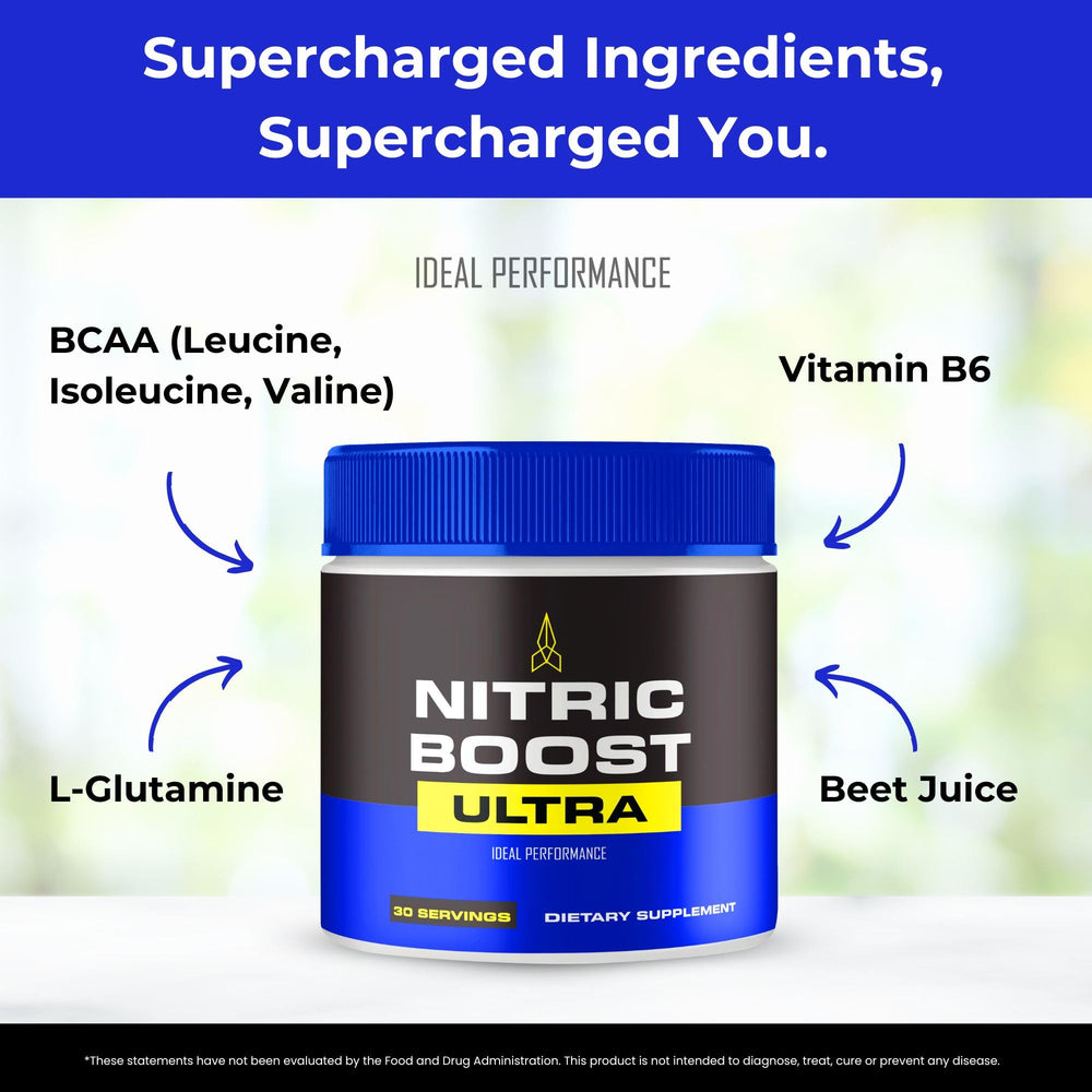 IDEAL PERFORMANCE Nitric Boost Ultra packaging with bold branding and supplement facts.