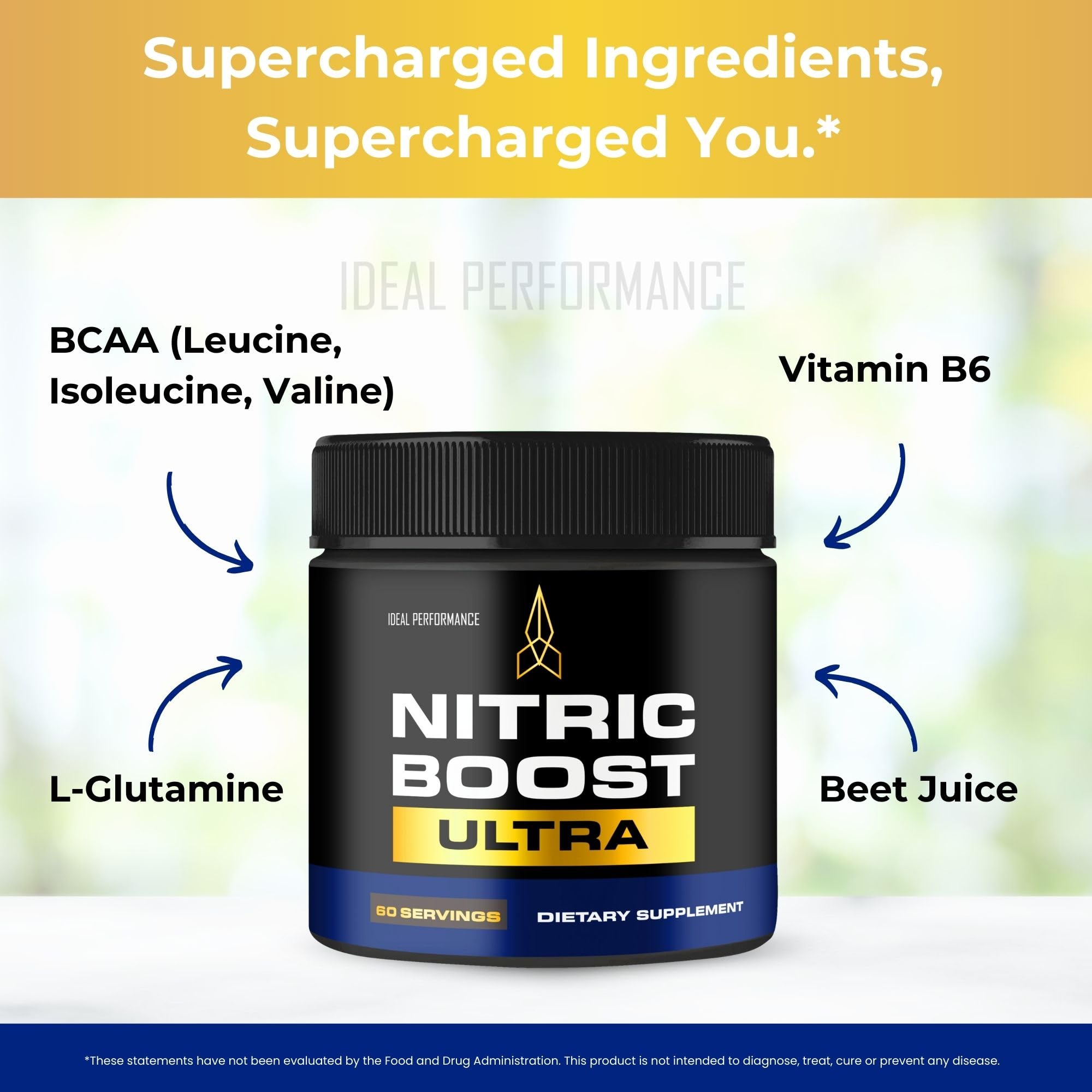 IDEAL PERFORMANCE Nitric Boost Ultra purple powder on gym bench signals portable pre-workout mix