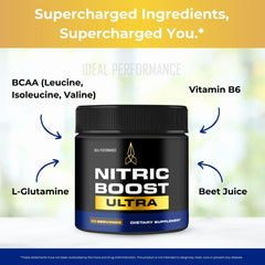 IDEAL PERFORMANCE Nitric Boost Ultra purple powder on gym bench signals portable pre-workout mix