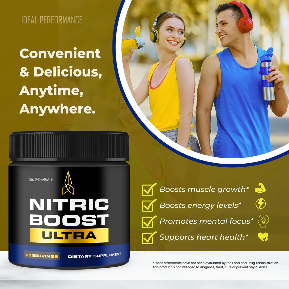 IDEAL PERFORMANCE Nitric Boost Ultra Purple Powder package shows serving directions for daily use