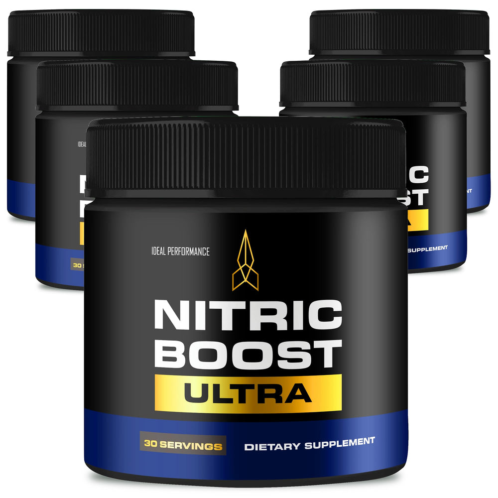 IDEAL PERFORMANCE Nitric Boost Ultra Purple Powder tub with scoop for energy before workouts