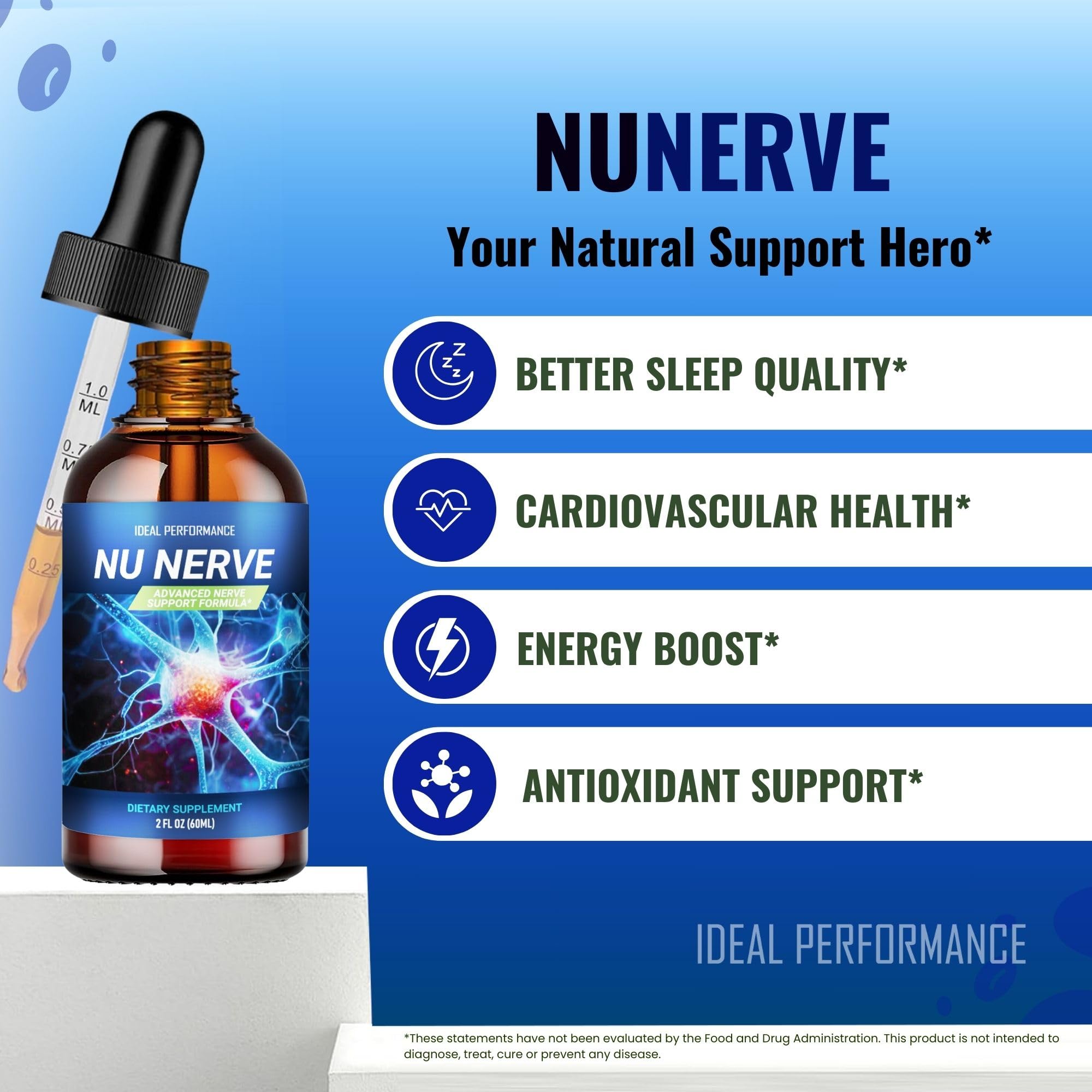 NuNerve packaging box by IDEAL PERFORMANCE, showcasing all-natural formula benefits.