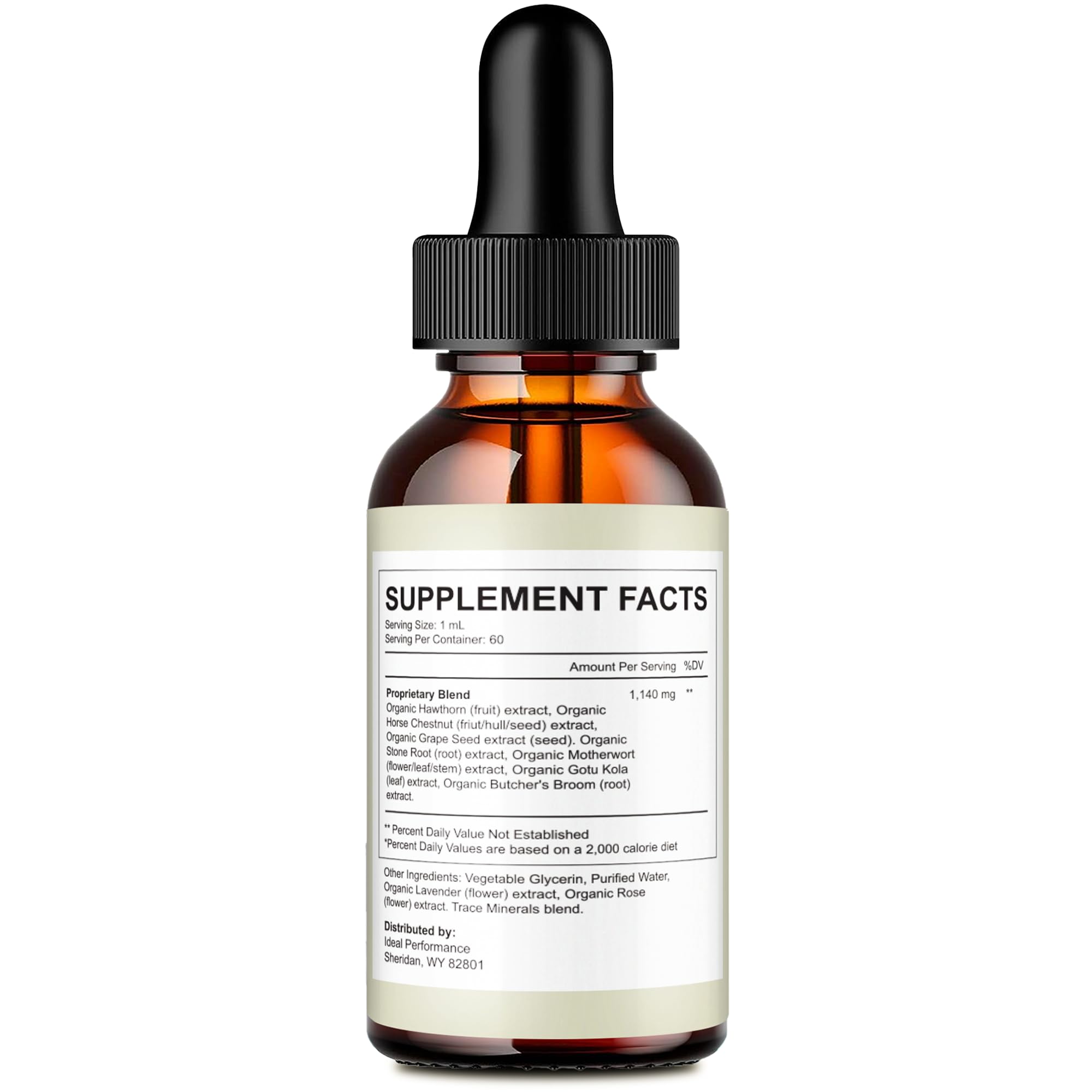 IDEAL PERFORMANCE Nutri Derma Guard Drops label highlights premium all-natural formula.