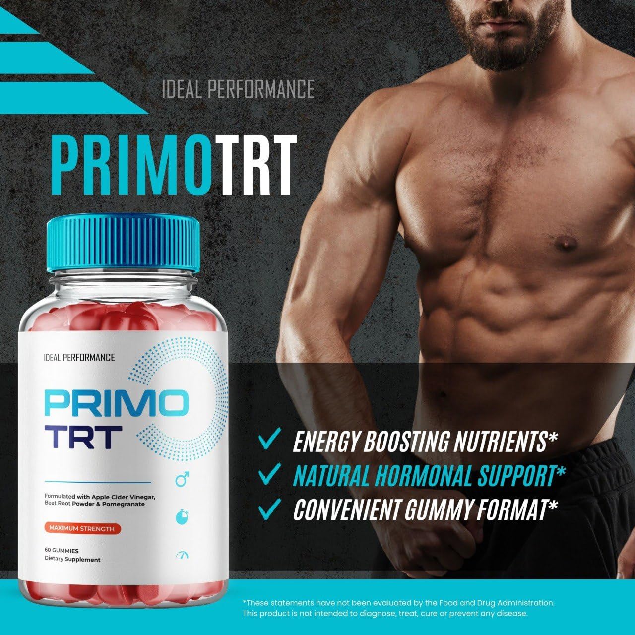 IDEAL PERFORMANCE Primo TRT Gummies dispense bottle closeup demonstrates easy dosing