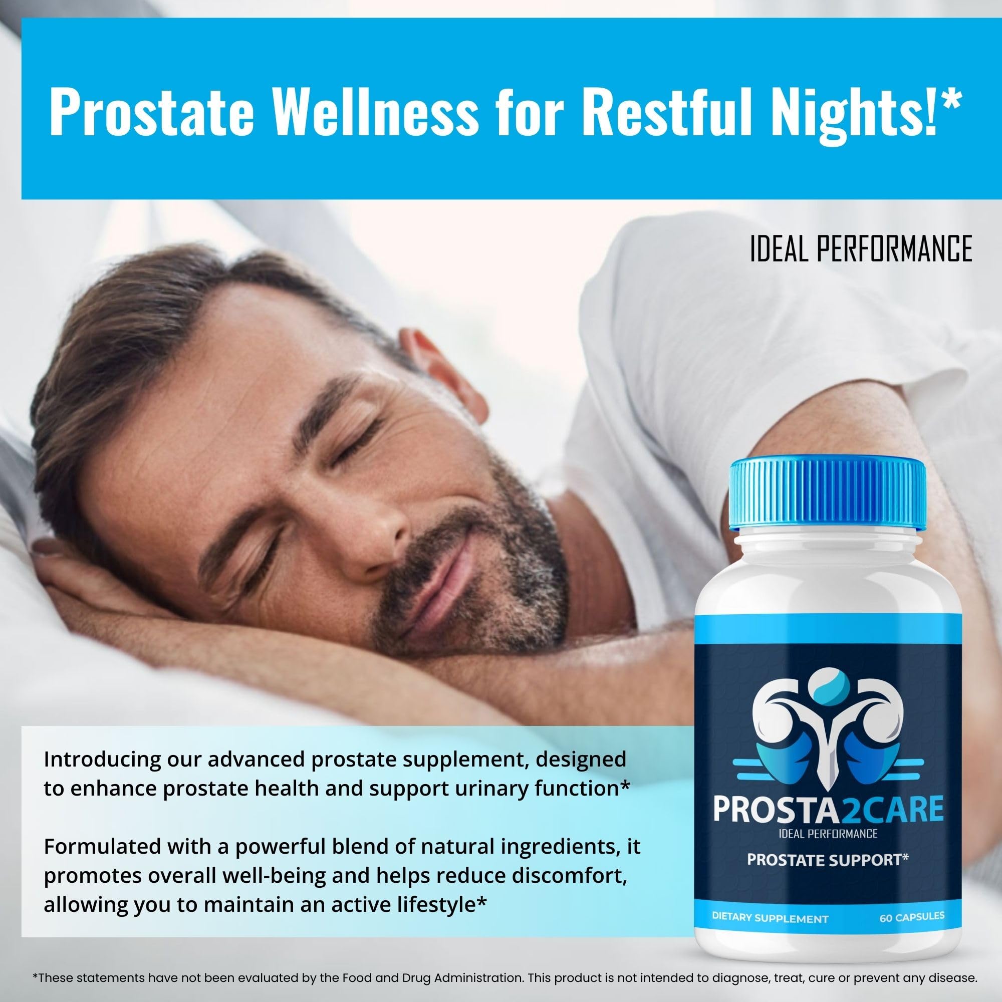 IDEAL PERFORMANCE Prosta2Care ingredients blend emphasizes natural sources for daily vitality.