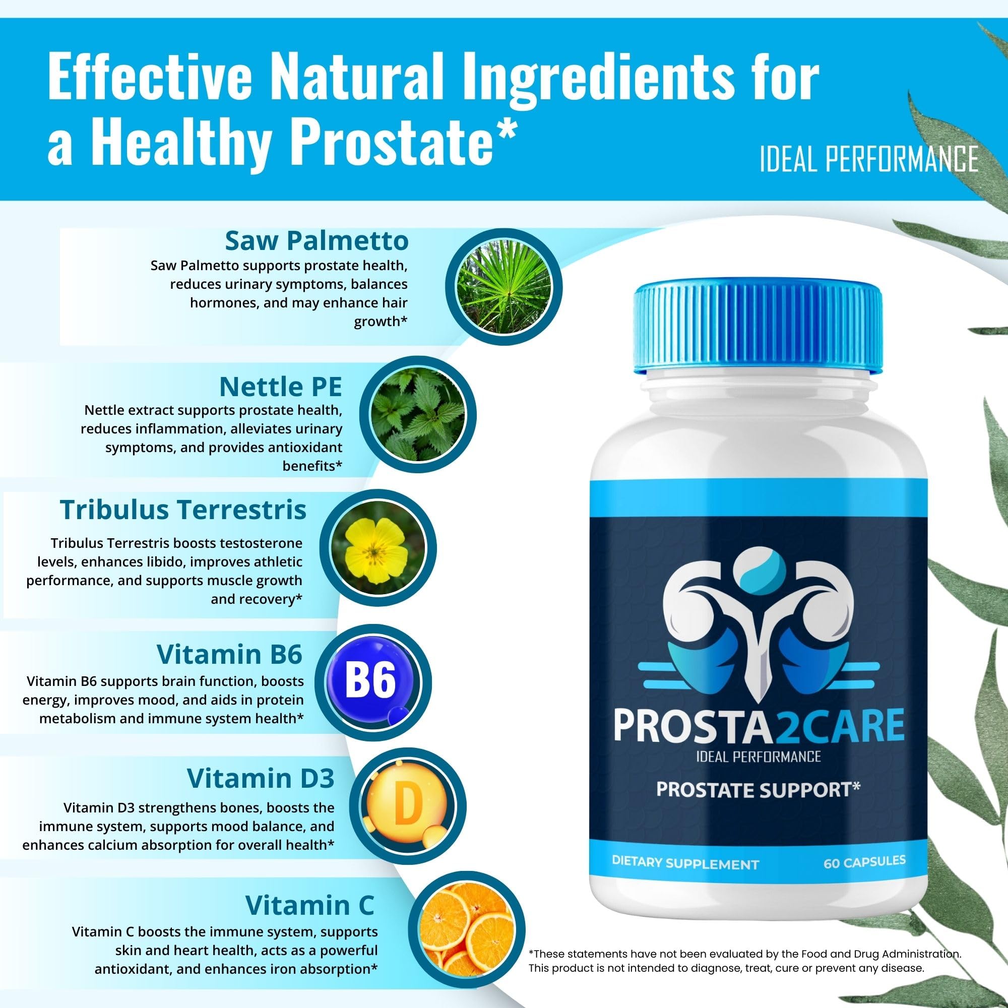 IDEAL PERFORMANCE Prosta2Care label close-up with clear dosage information.
