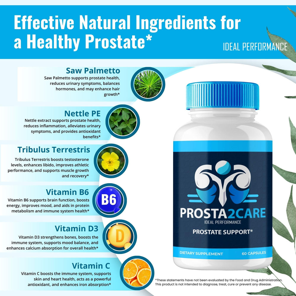 IDEAL PERFORMANCE Prosta2Care label close-up with clear dosage information.