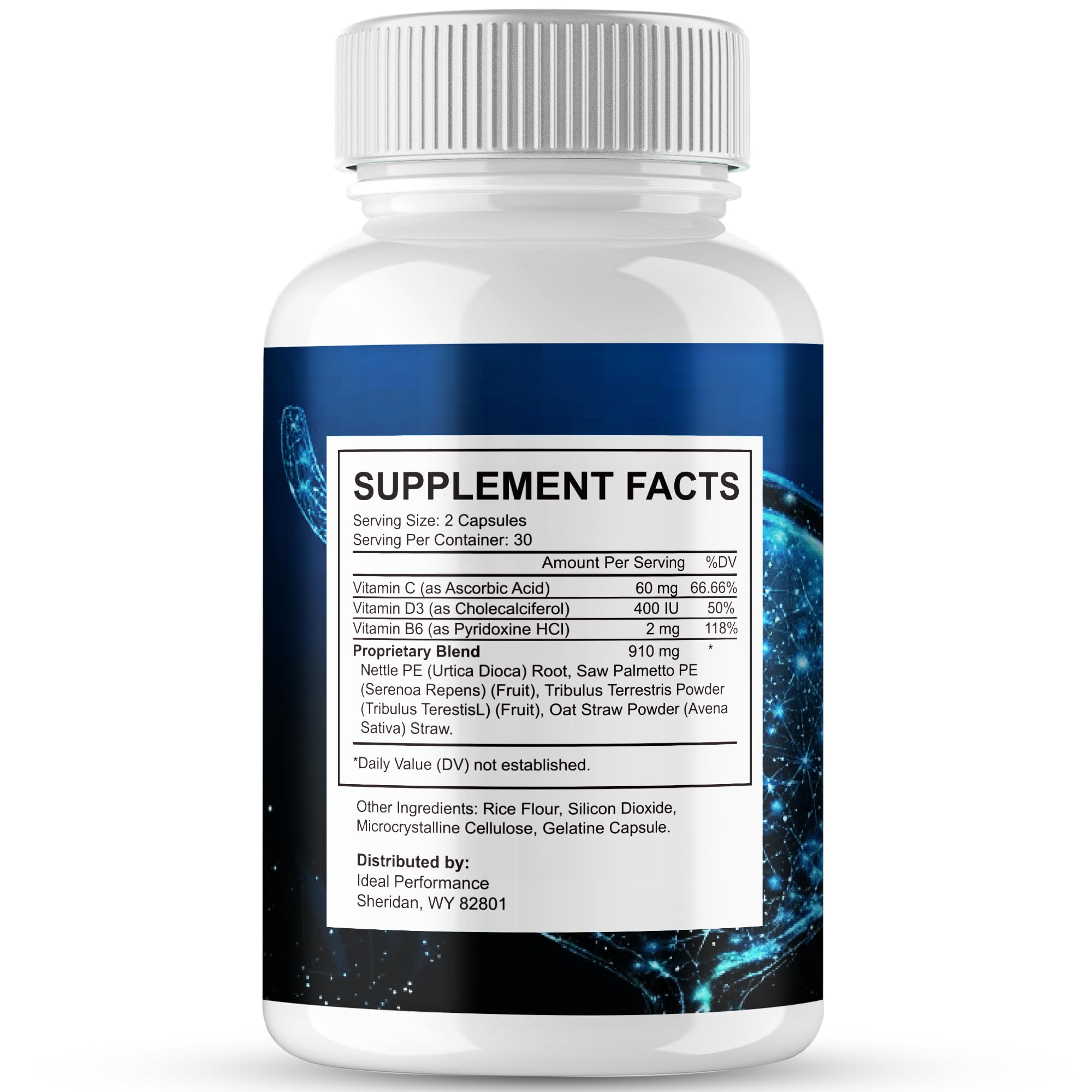 IDEAL PERFORMANCE Prostate Max label close-up highlighting natural formula.