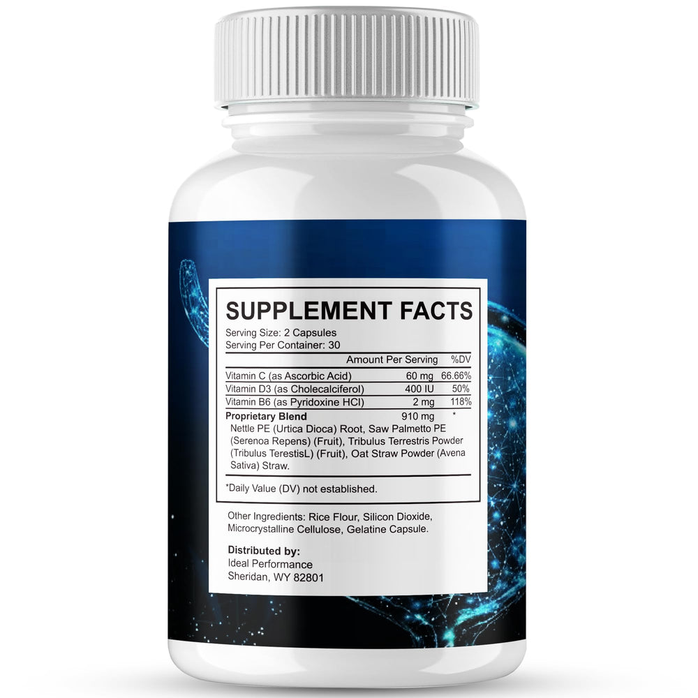 IDEAL PERFORMANCE Prostate Max label close-up highlighting natural formula.