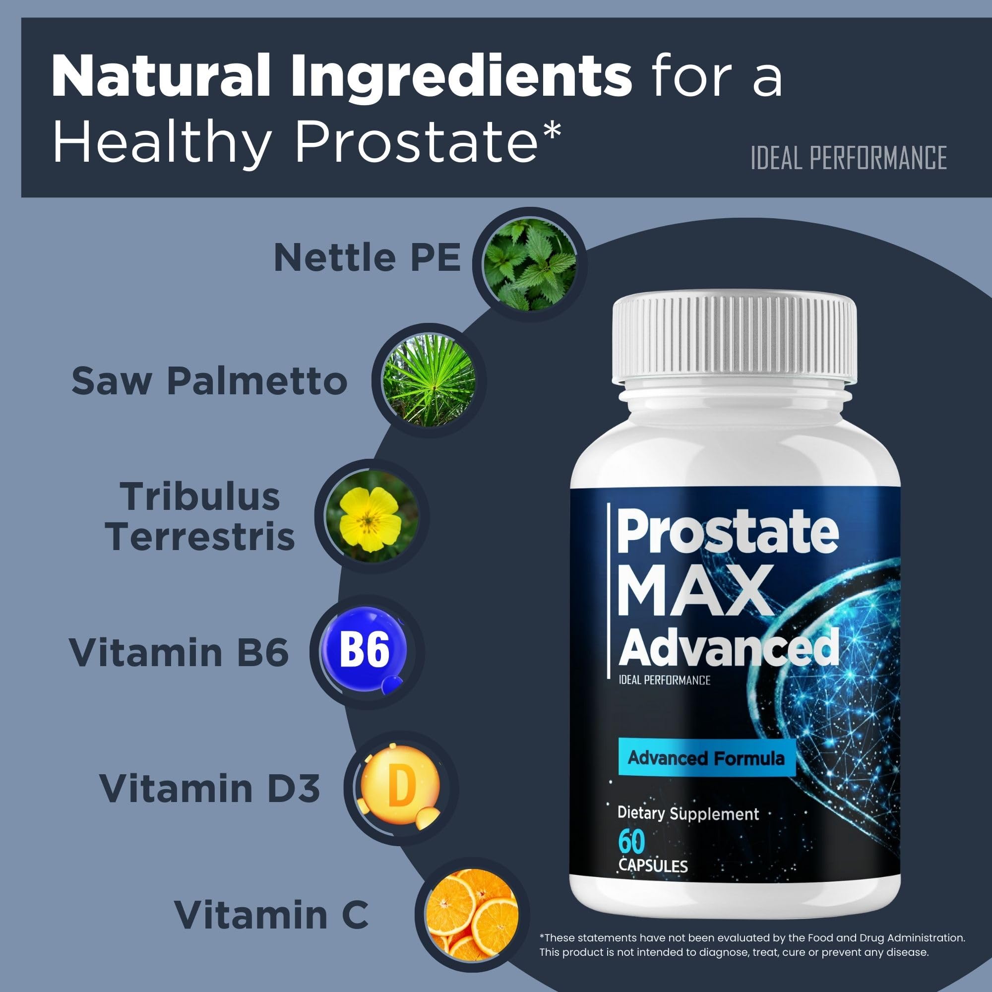 IDEAL PERFORMANCE Prostate Max bottle with glass of water for routine