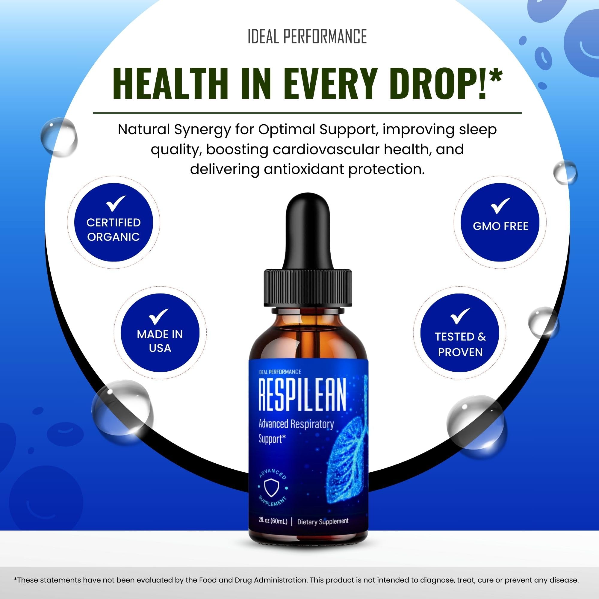 Ideal Performance Respilean Drops packaging-box ready for travel and home use.