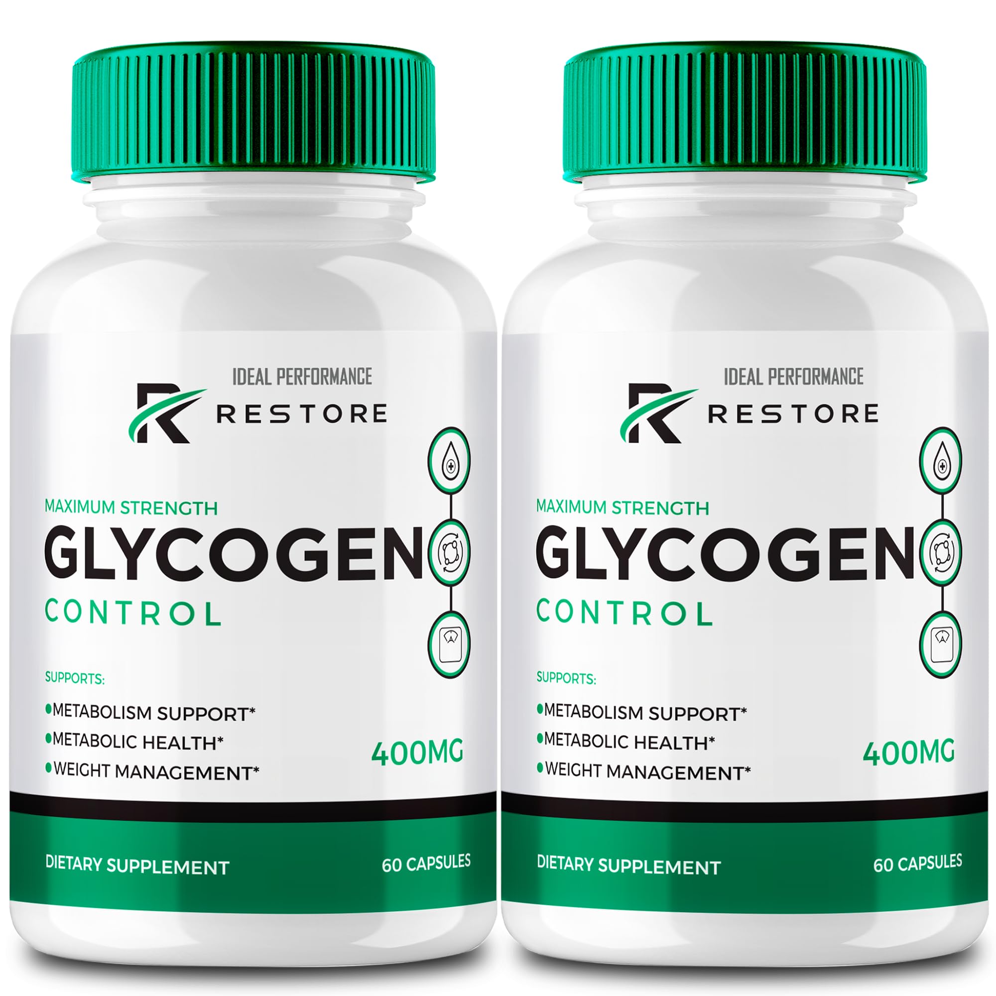 IDEAL PERFORMANCE RestoreGlycogen bottle front view for daily energy balance.