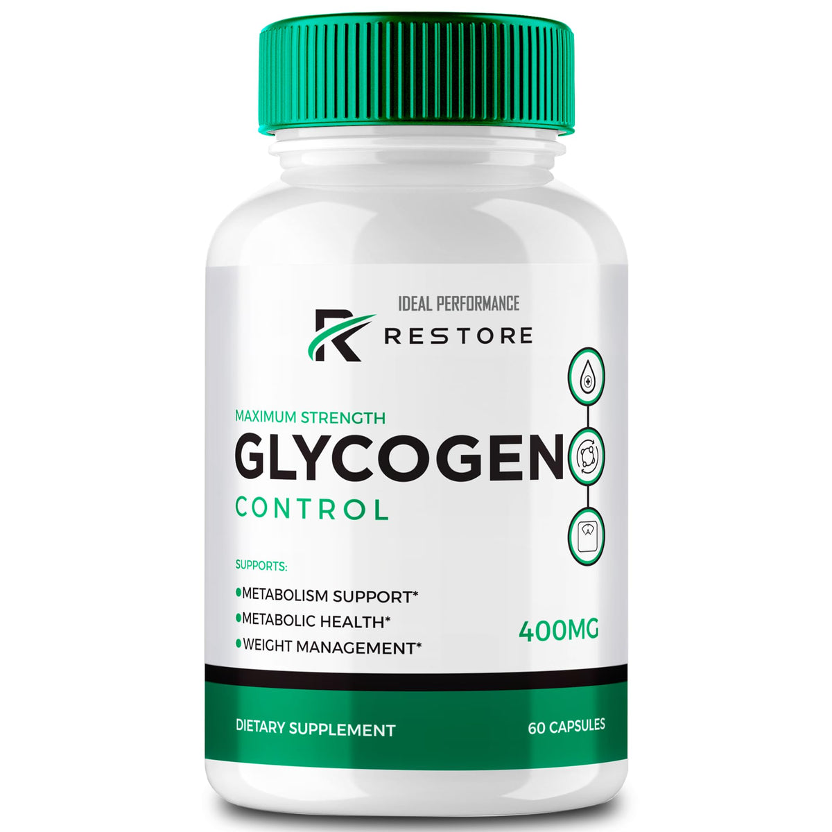 IDEAL PERFORMANCE RestoreGlycogen bottle front promoting steady energy support