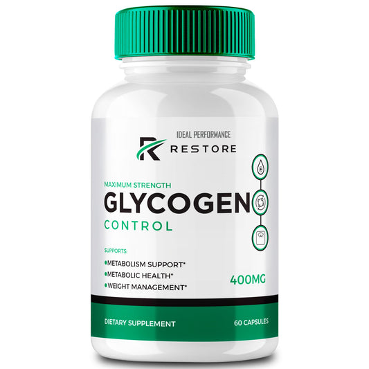IDEAL PERFORMANCE RestoreGlycogen bottle front promoting steady energy support