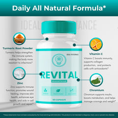 IDEAL PERFORMANCE Revital Capsules pack on desk, travel-ready health support.