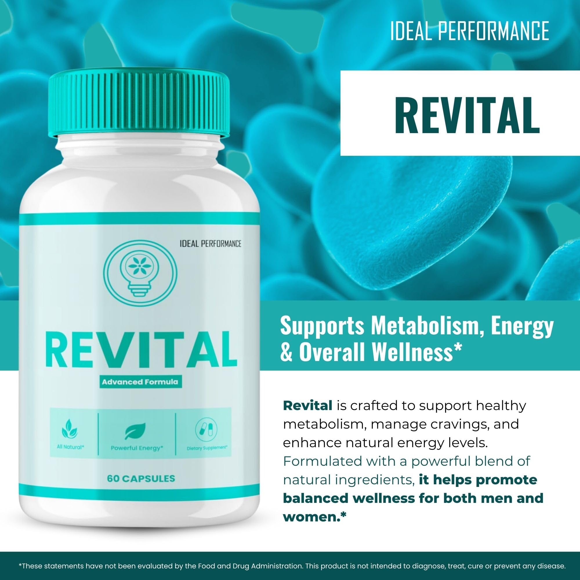 IDEAL PERFORMANCE Revital Capsules being poured, easy daily intake for energy support.