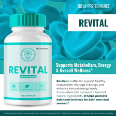 IDEAL PERFORMANCE Revital Capsules being poured, easy daily intake for energy support.