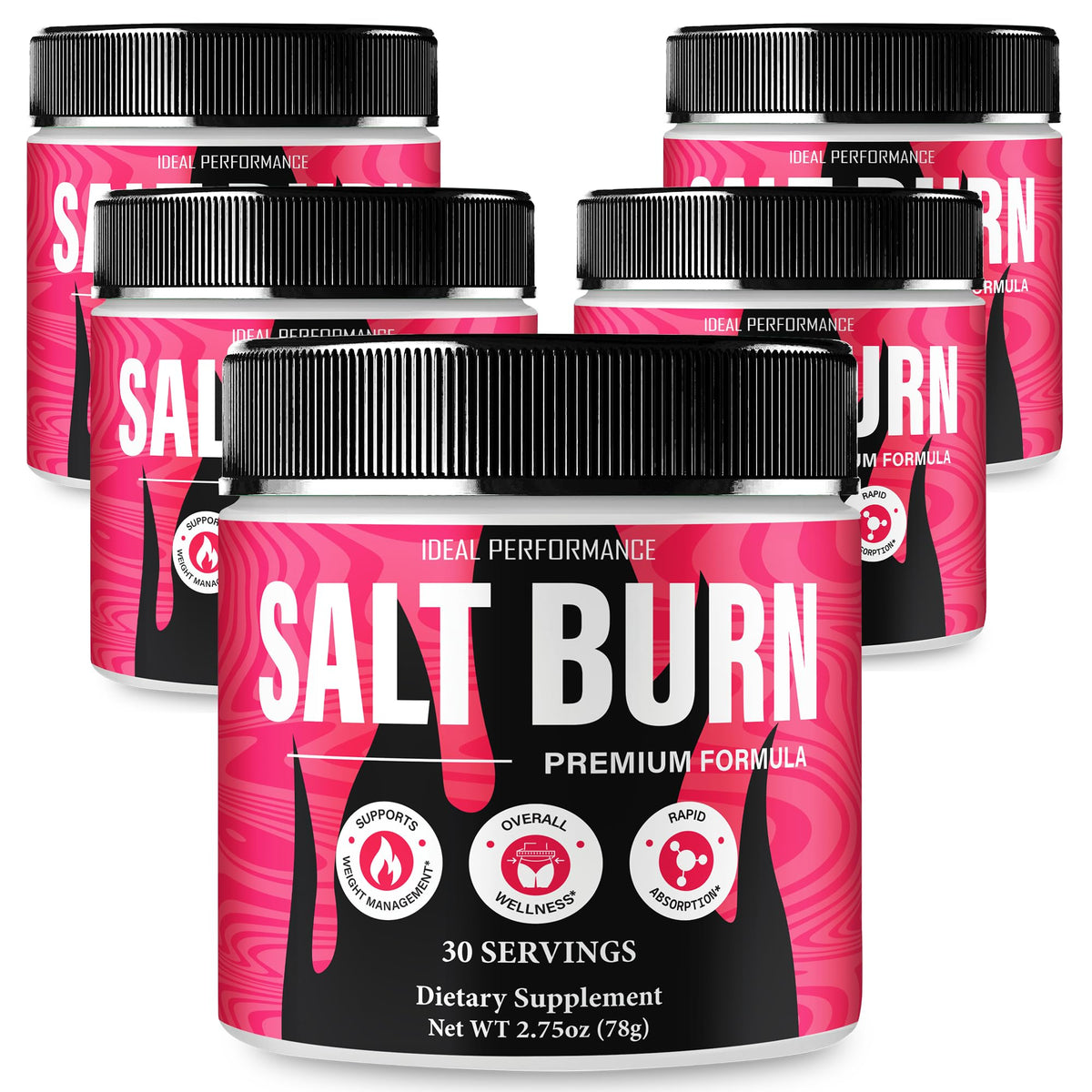 IDEAL PERFORMANCE Salt Burn Powder bottle displaying the official maximum-strength formula for daily health.