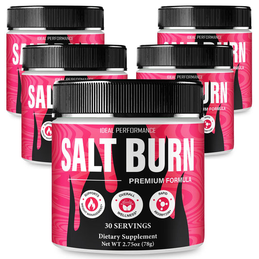 IDEAL PERFORMANCE Salt Burn Powder bottle displaying the official maximum-strength formula for daily health.