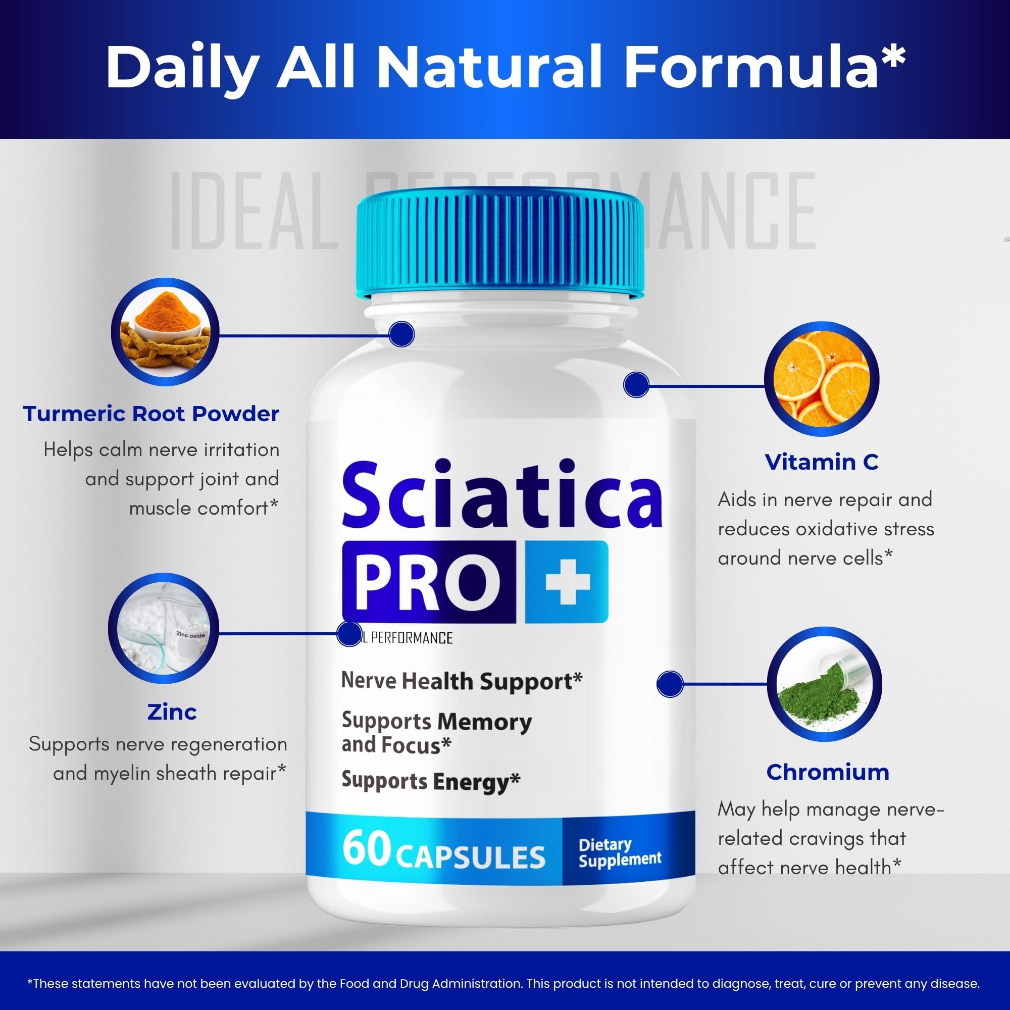 IDEAL PERFORMANCE Sciatica Pro Plus bottle with scoop emphasizes precise serving