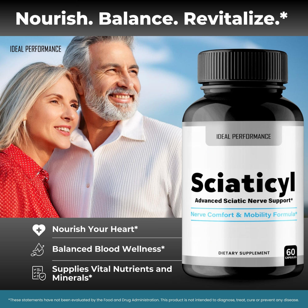 IDEAL PERFORMANCE Sciaticyl capsules tablet closeup emphasizes potency and ingredients.