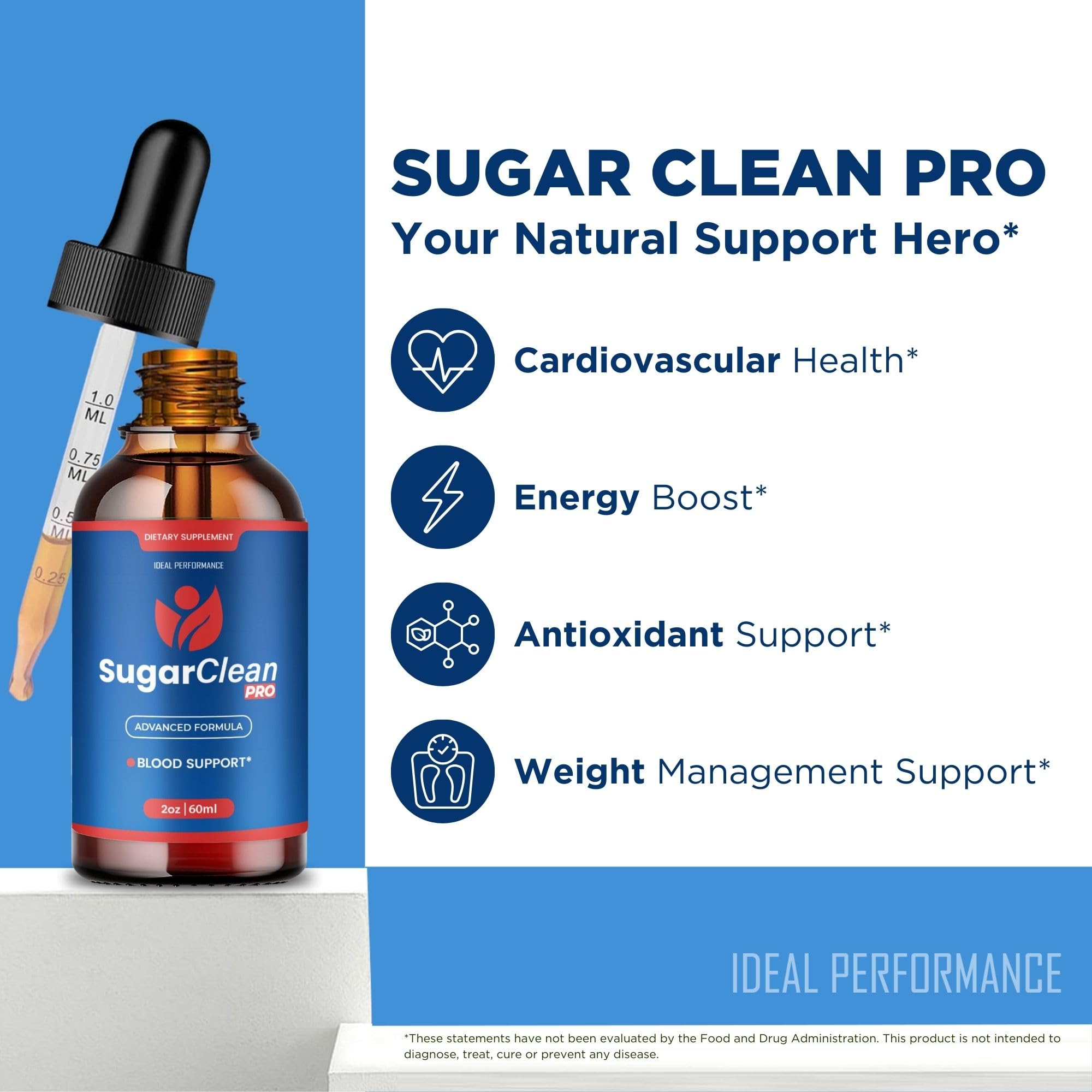 Packaging front of Sugar Clean Pro Drops illustrating maximum-strength formulation.