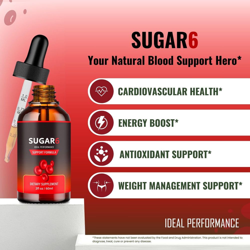 IDEAL PERFORMANCE Sugar Six Drops label design emphasizes natural, potent formulation.