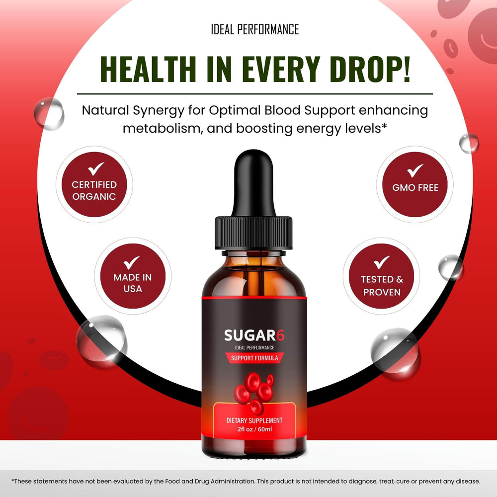 IDEAL PERFORMANCE Sugar Six Drops liquid close-up shows clear dropper precision.