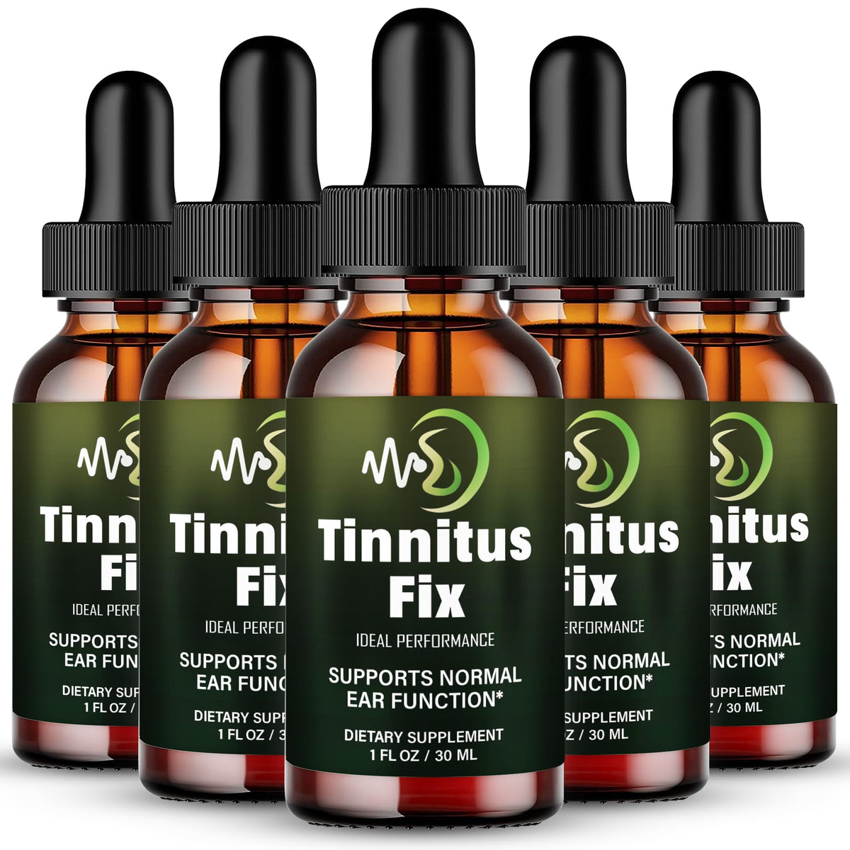IDEAL PERFORMANCE Tinnitus Fix Drops bottle shows natural ear health support.