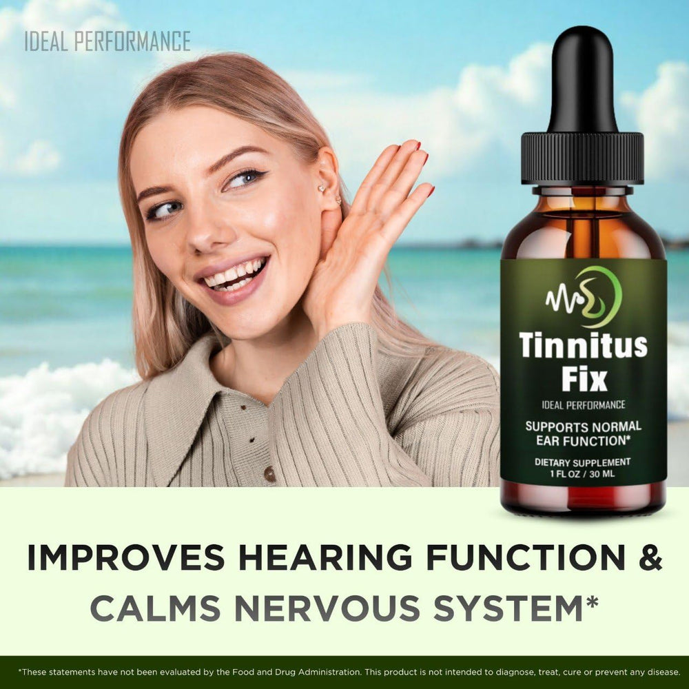 IDEAL PERFORMANCE Tinnitus Fix Drops label detail highlighting natural ingredients.