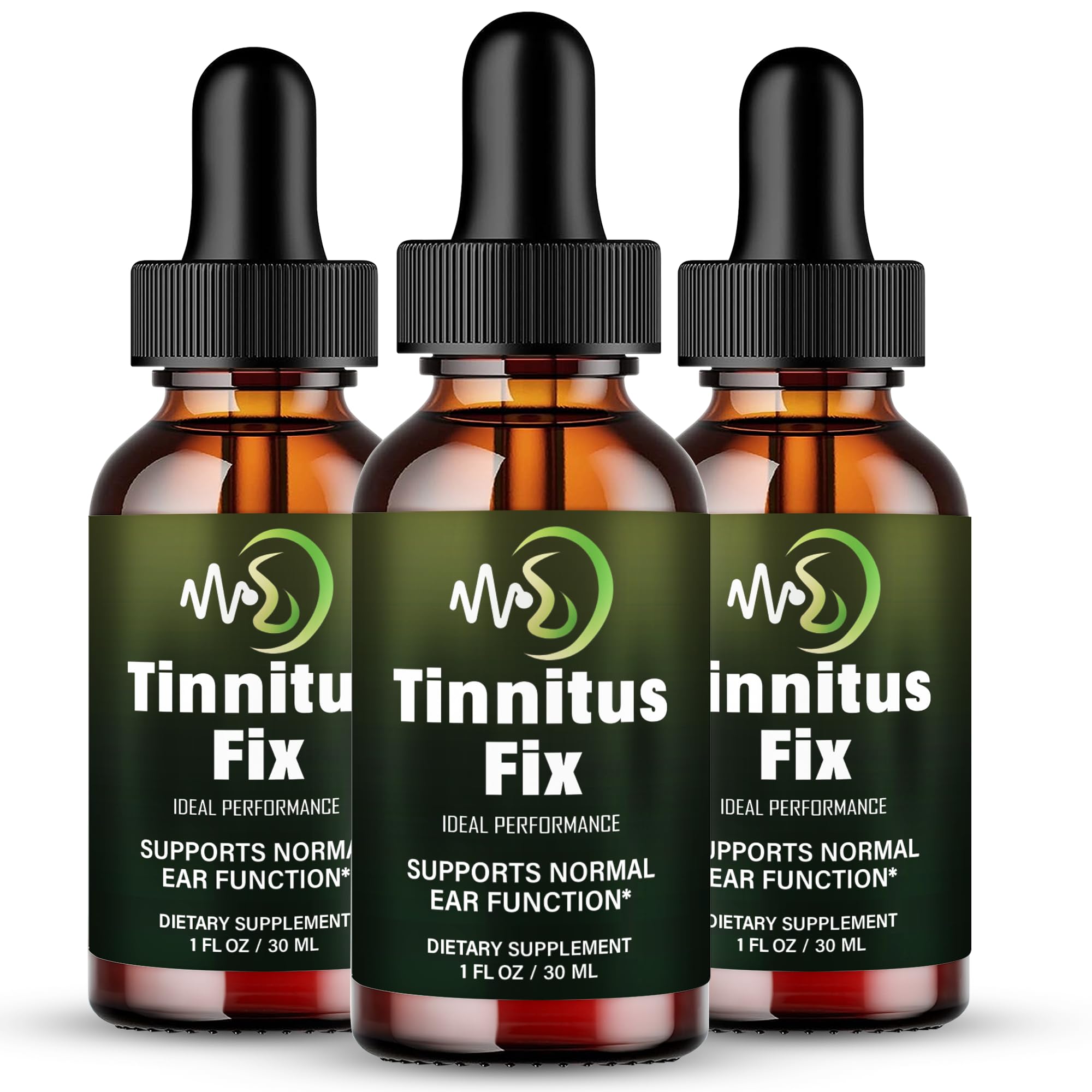 IDEAL PERFORMANCE TinnitusFix Drops bottle pour showing easy daily dosing and ear health support.