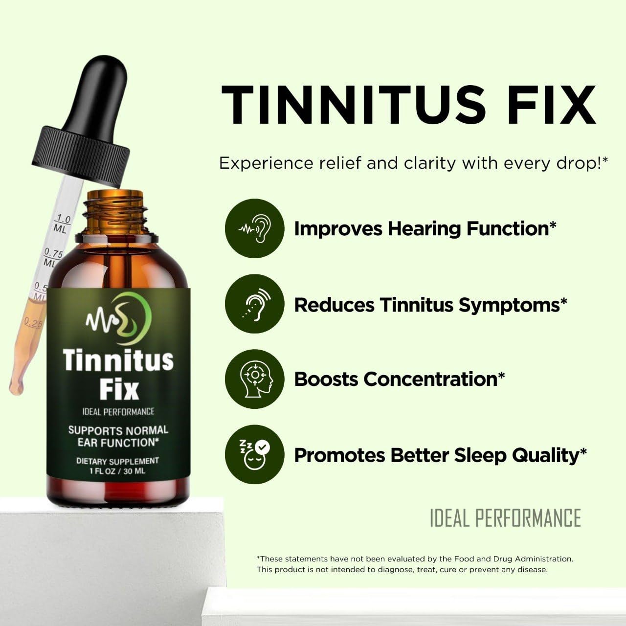 IDEAL PERFORMANCE TinnitusFix Drops dosage illustration shows simple daily use.