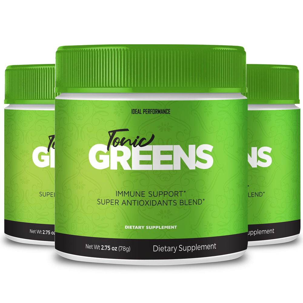 IDEAL PERFORMANCE Tonic Greens powder jar displays a natural energy blend.
