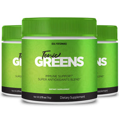 IDEAL PERFORMANCE Tonic Greens powder jar displays a natural energy blend.