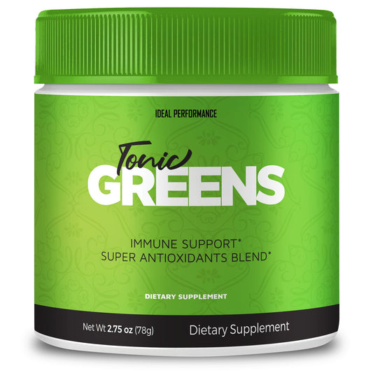 IDEAL PERFORMANCE Tonic Greens bottle highlights a natural blend for daily energy and wellness.