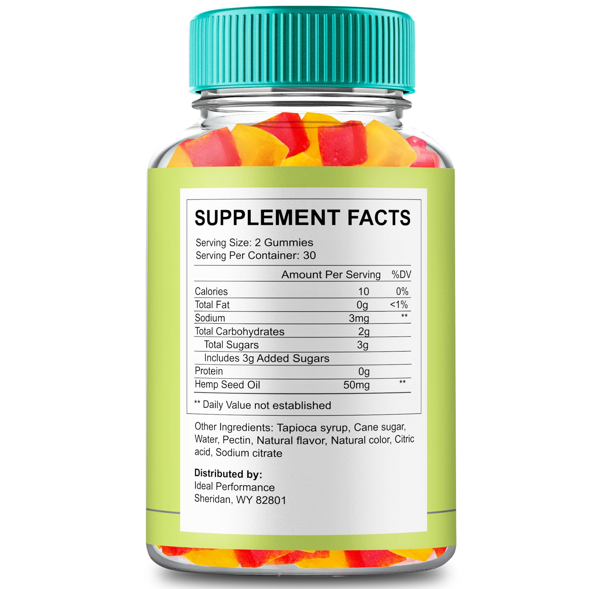 IDEAL PERFORMANCE Twin Elements Gummies bottle back shows ingredients and usage notes.