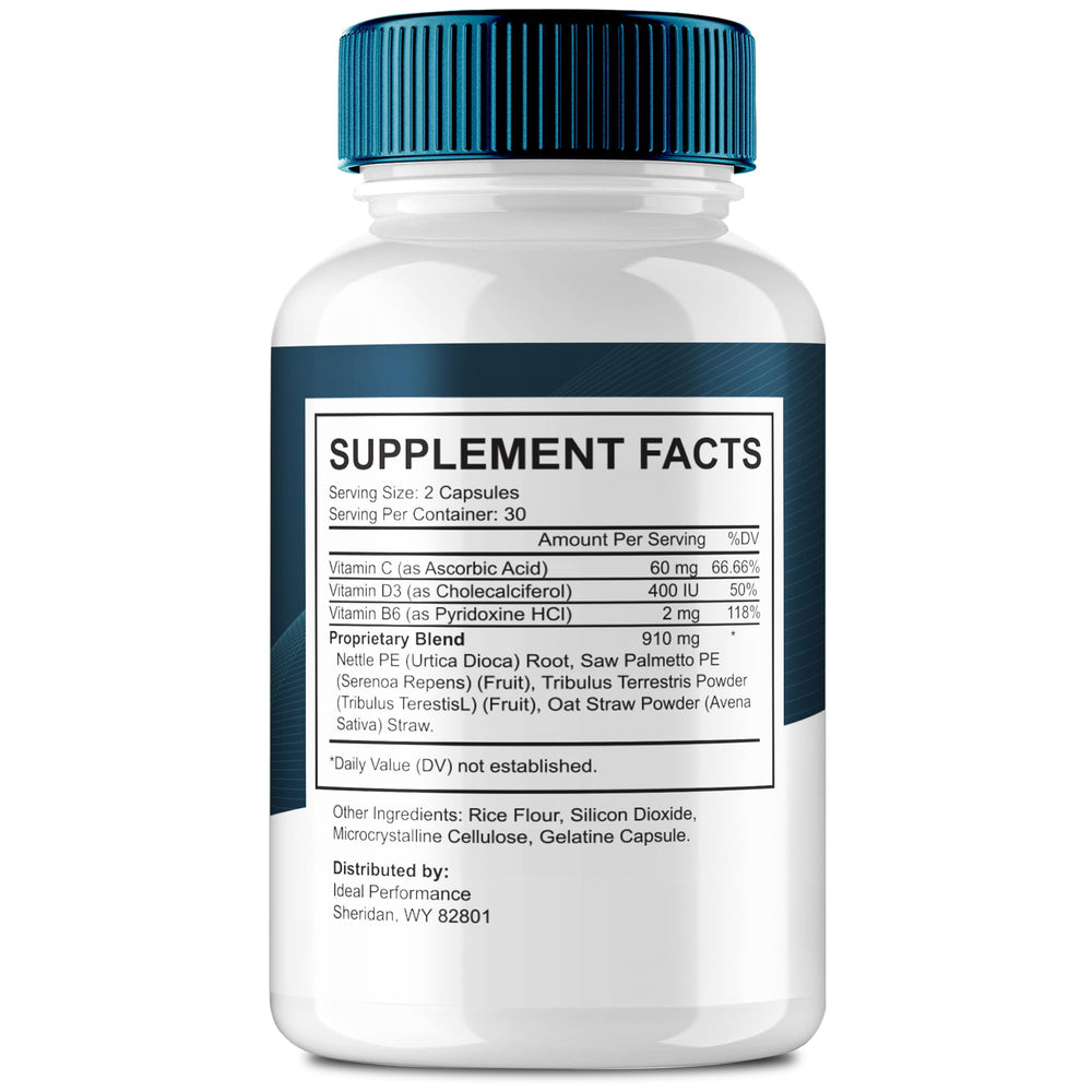 IDEAL PERFORMANCE Uriprostat bottle back label showing ingredients and usage.