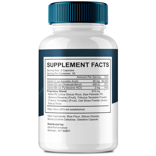 IDEAL PERFORMANCE Uriprostat bottle back label showing ingredients and usage.