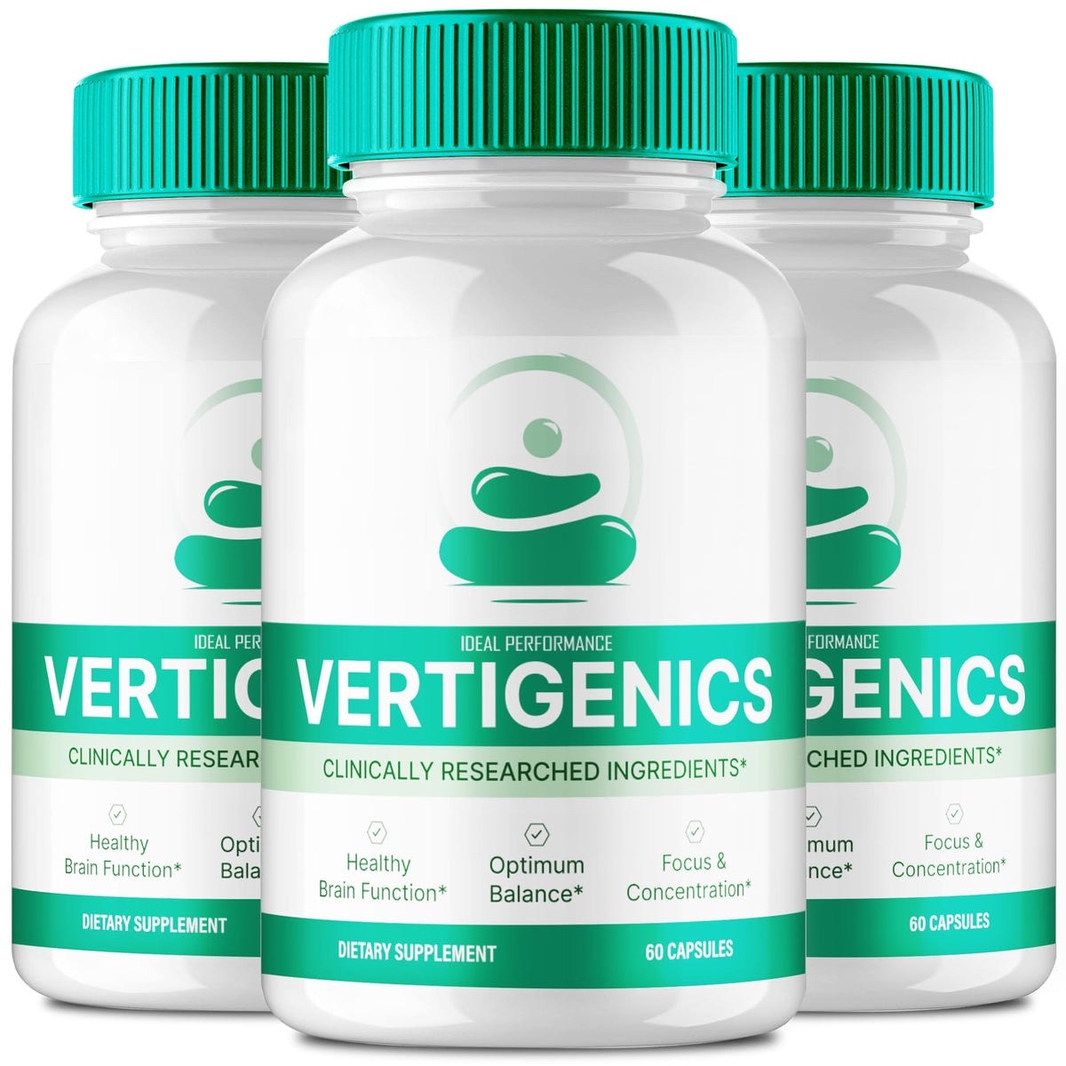 IDEAL PERFORMANCE Vertigenics bottle displaying memory and focus support.