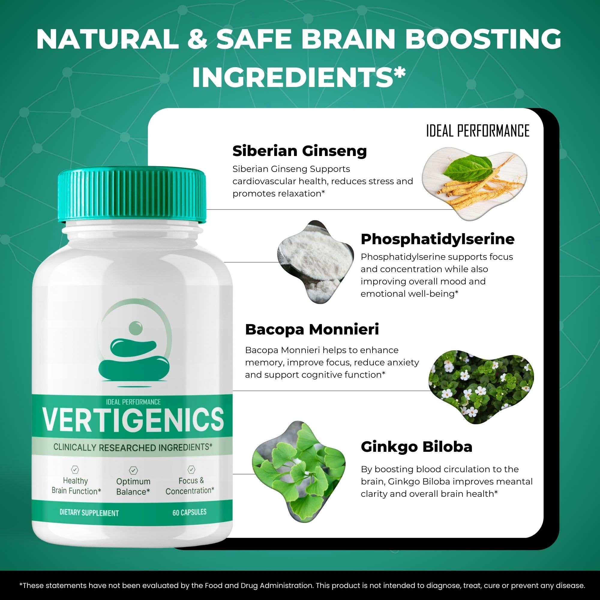 IDEAL PERFORMANCE Vertigenics natural ingredients banner indicating all-natural nootropic blend.
