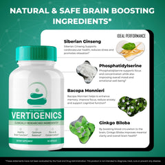IDEAL PERFORMANCE Vertigenics natural ingredients banner indicating all-natural nootropic blend.