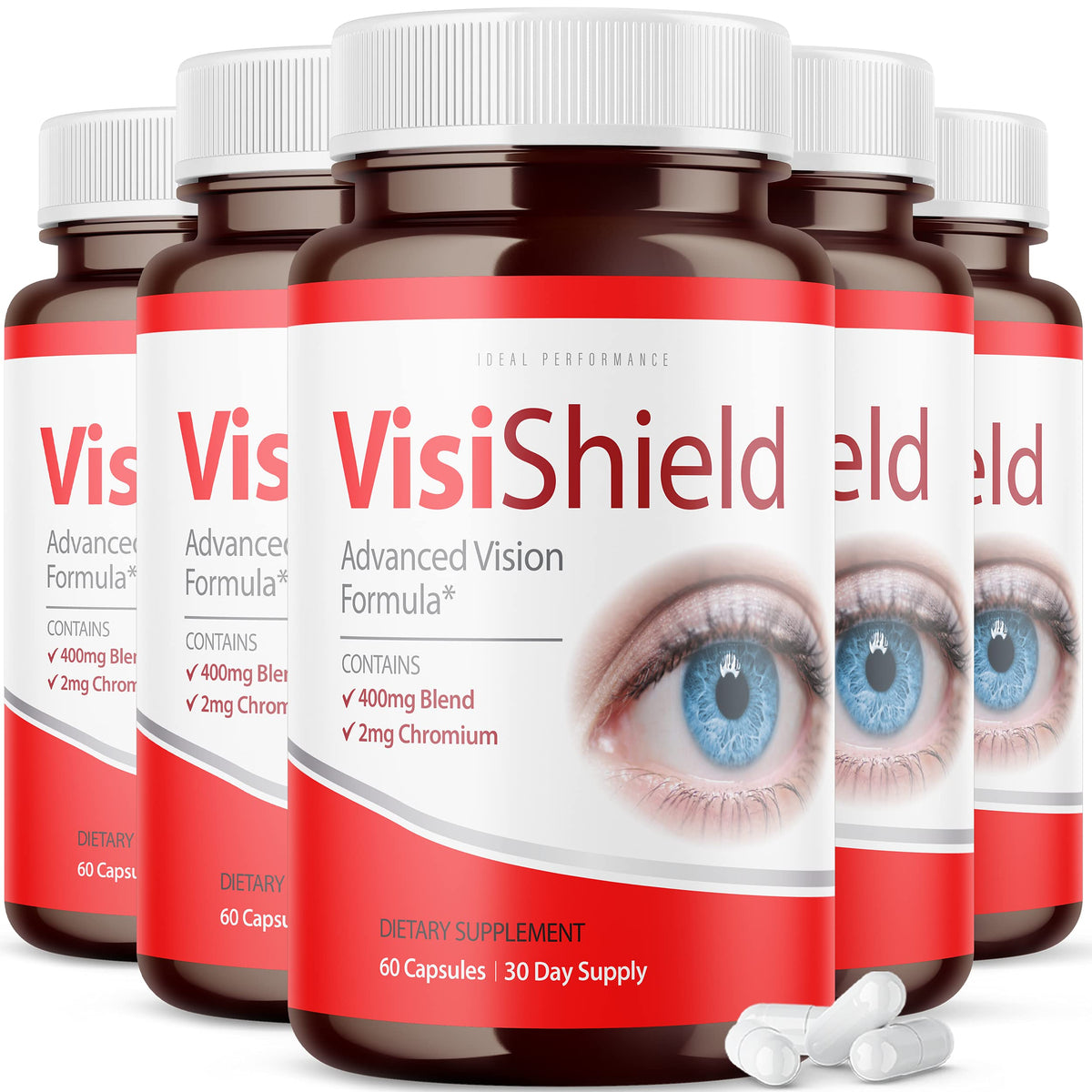 IDEAL PERFORMANCE Visishield bottle showing advanced vision formula for daily eye support.